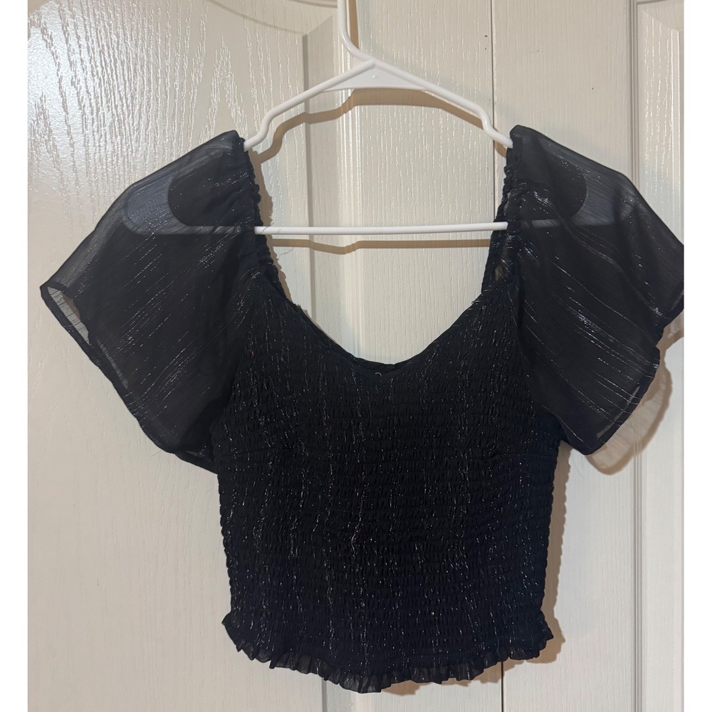 Jopra Black Smocked Top Flutter Sleeve Shimmer Sparkle Blouse‎ Size S